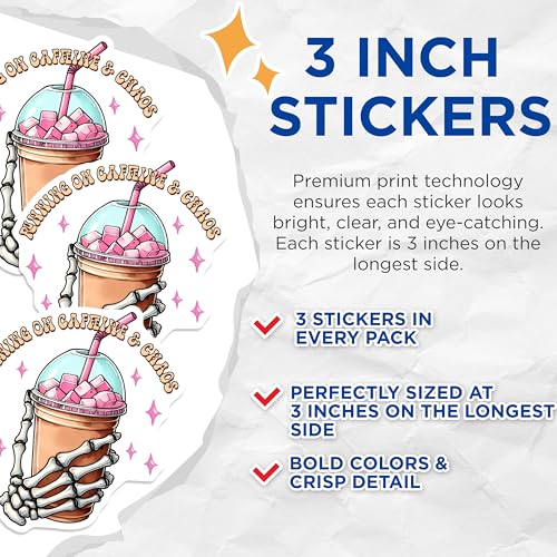 (3 Pack) Running on Caffeine Decals - Skeleton Hand Iced Coffee - Laptop Decals - 3 Inches On Longest Side - Easy Peel & Apply - Made in USA - 3MCS8532
