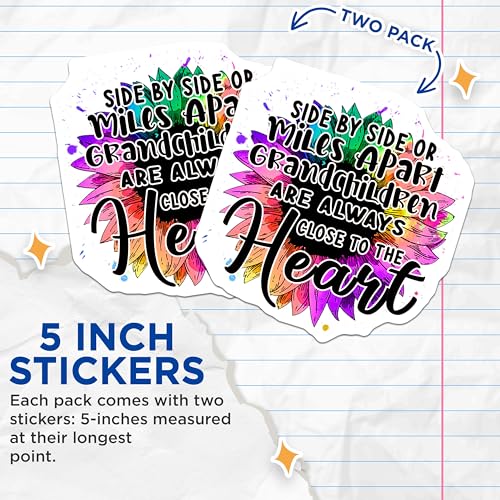 (2 Pack) Grandchildren Always Close Heart Stickers - Positive Quotes Stickers - Inspirational Floral Stickers - 5" On Longest Side - Sticks to Smooth Flat Surfaces - Made in USA - BMCS5780