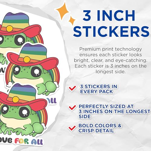 (3 Pack) Frog Pride Decals - Rainbow Cowboy Hat - Love for All Decals - 3 Inches On Longest Side - Easy Peel & Apply - Made in USA - 3MCS0889