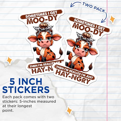 (2 Pack) Funny Cow Stickers - Moo-dy Hay-ngry Meme Stickers - Cute Animal Quote Stickers - 5" On Longest Side - Sticks to Smooth Flat Surfaces - Made in USA - BMCS3791