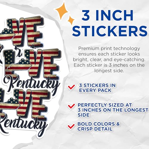 (3 Pack) Kentucky Love Decals - USA Flag - State Pride - 3 Inches On Longest Side - Easy Peel & Apply - Made in USA - 3MCS0308