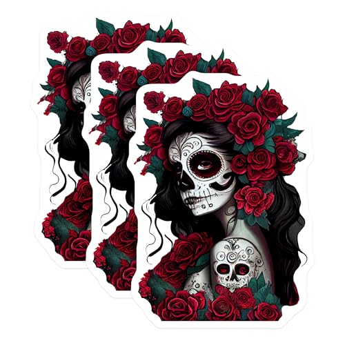 (3 Pack) Sugar Skull Decals - Day of The Dead Sticker - Floral Skull - Laptop Decals - 3 Inches On Longest Side - Easy Peel & Apply - Made in USA - 3MCS7966