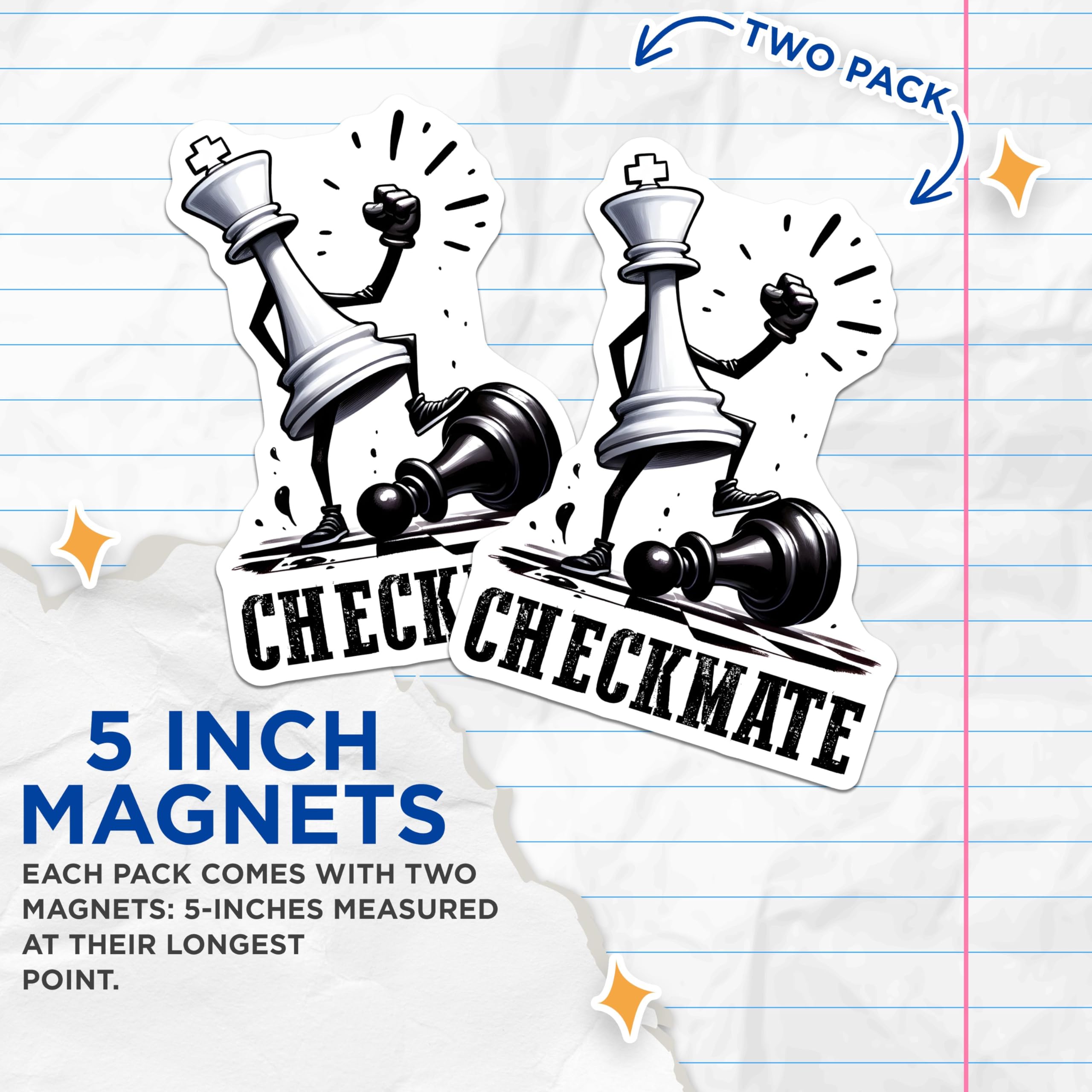 (2 Pack) Checkmate Chess Magnets - Funny Checkmate Figure Magnets - Chess Board Magnets for Fans - 5" On Longest Side - for Cars, Refrigerators, Toolboxes, Lockers - Made in USA BMCS3184