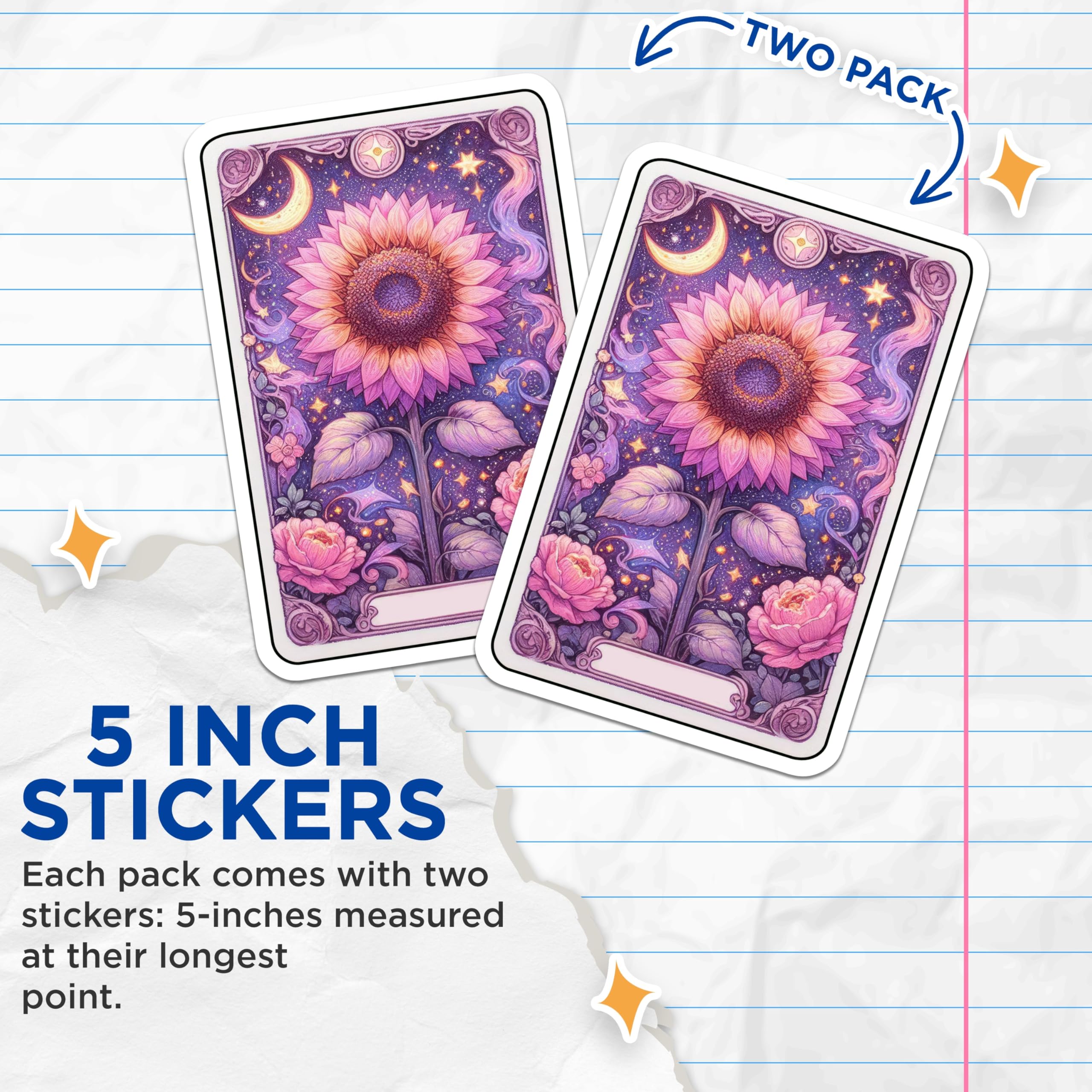 (2 Pack) Celestial Sunflower Stickers - Magical Floral Design - Starry Night Garden - 5" On Longest Side - Sticks to Smooth Flat Surfaces - Made in USA - BMCS20196