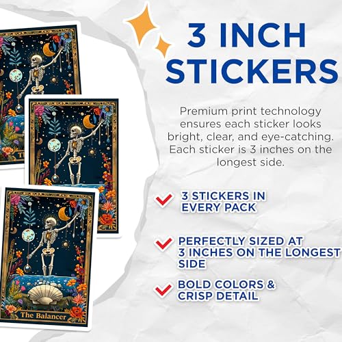(3 Pack) Balancer Tarot Decals - Skeleton Moon Art - Floral Celestial Decal - 3 Inches On Longest Side - Easy Peel & Apply - Made in USA - 3MCS0012