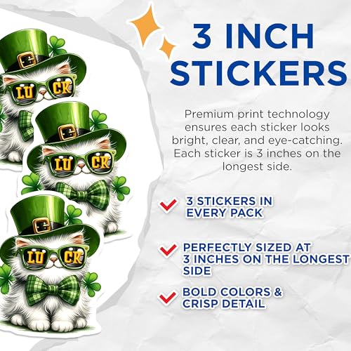 (3 Pack) St Patricks Day Cat Decals - Lucky Kitten Decal - Irish Cat Decals - 3 Inches On Longest Side - Easy Peel & Apply - Made in USA - 3MCS6868