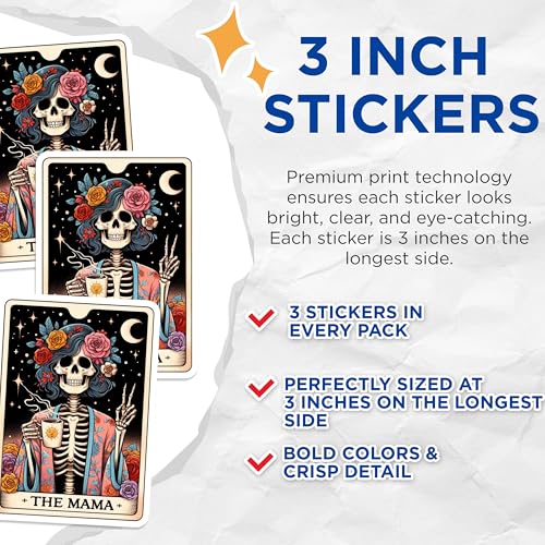 (3 Pack) The Mama Tarot Card Decals - Floral Skeleton - Celestial Laptop Sticker - 3 Inches On Longest Side - Easy Peel & Apply - Made in USA - 3MCS4218