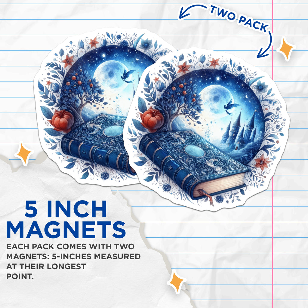 (2 Pack) Fantasy Book Magnets - Magical Castle Moon Art - Whimsical Reader Decor Accessory for Fridge Display - 5 Inches On Longest Side - Thick Durable Magnet - Made in USA - MAG38955