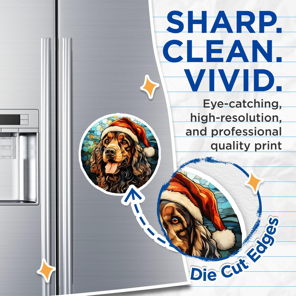 (2 Pack) Christmas Dog Magnets - Santa Spaniel Holiday Decor - Stained Glass Pet Art - 5 Inches On Longest Side - Thick Durable Magnet - Made in USA - MAG30325