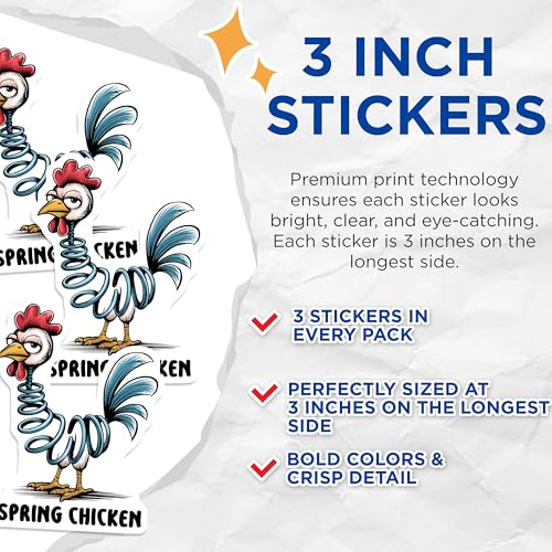(3 Pack) Spring Chicken Decals - Funny Chicken Art - Novelty Laptop Decals - 3 Inches On Longest Side - Easy Peel & Apply - Made in USA - 3MCS6401