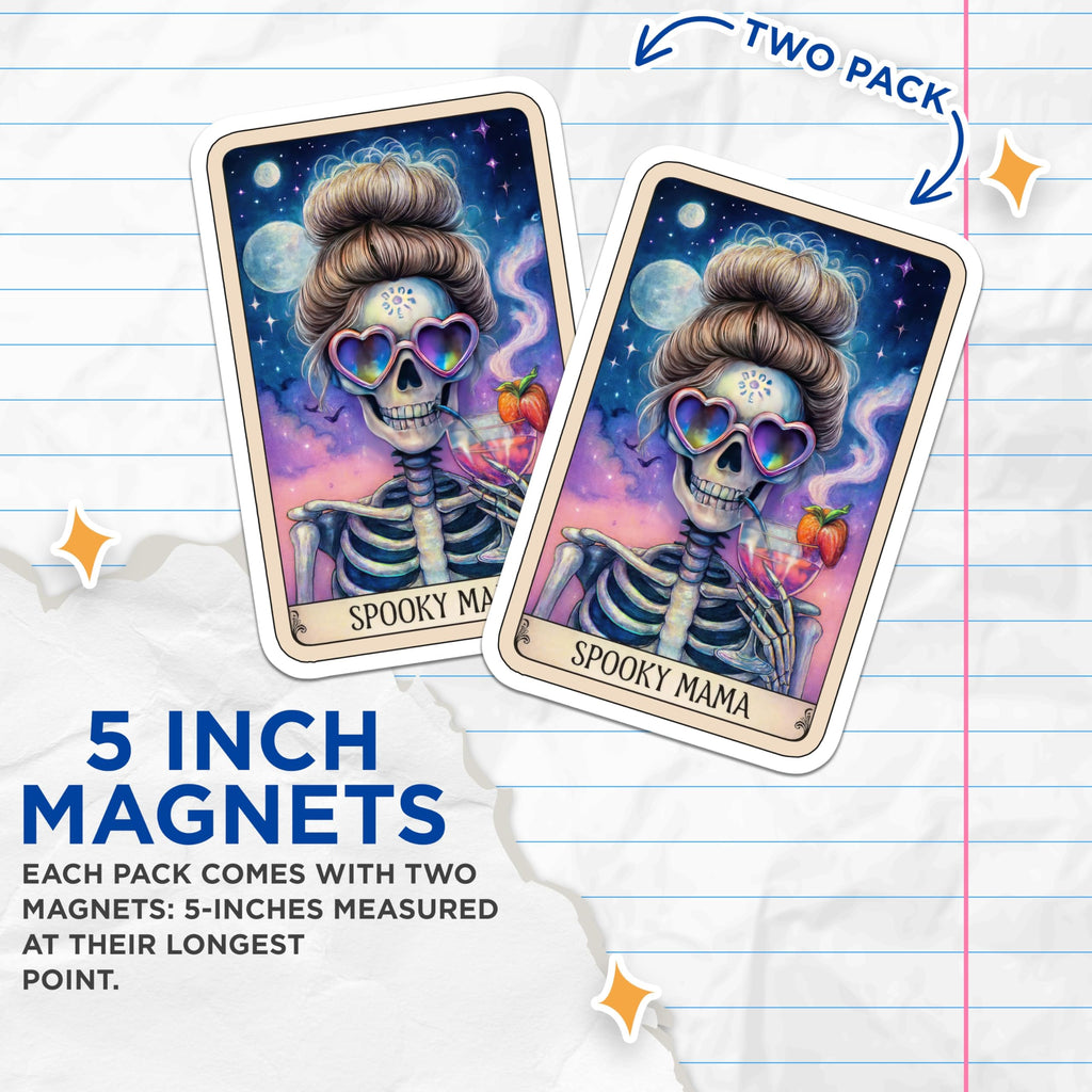 (2 Pack) Spooky Mama Magnets - Messy Bun Skeleton Skull Art - Heart Sunglasses Cocktail Drink - Halloween Mom Vibes Decor - 5 Inches On Longest Side - Thick Durable Magnet - Made in USA - MAG22606