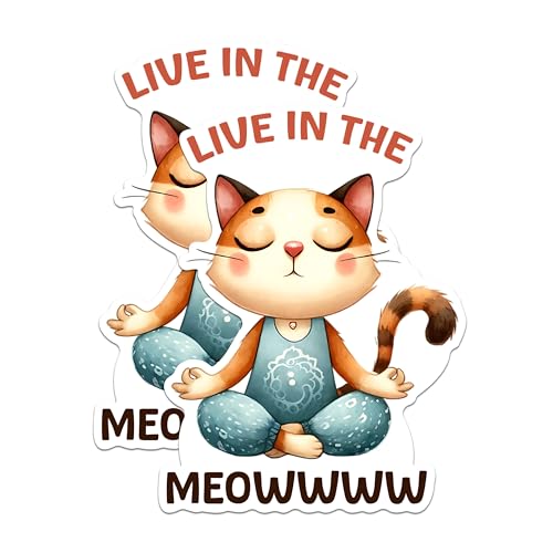 (2 Packs) Live in The Meowwww Stickers - Funny Meditating Cat Zen Cat Meditation Decals - 5 Inches On Longest Side - Premium Vinyl Decal - Sticks to Any Smooth Flat Surface - Made in USA - BMCS2426