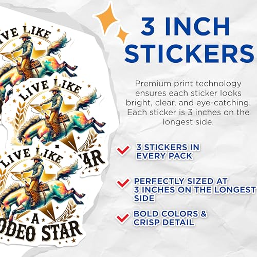 (3 Pack) Rodeo Star Decals - Cowboy Horse Riding - Western Decal Sticker - 3 Inches On Longest Side - Easy Peel & Apply - Made in USA - 3MCS6043