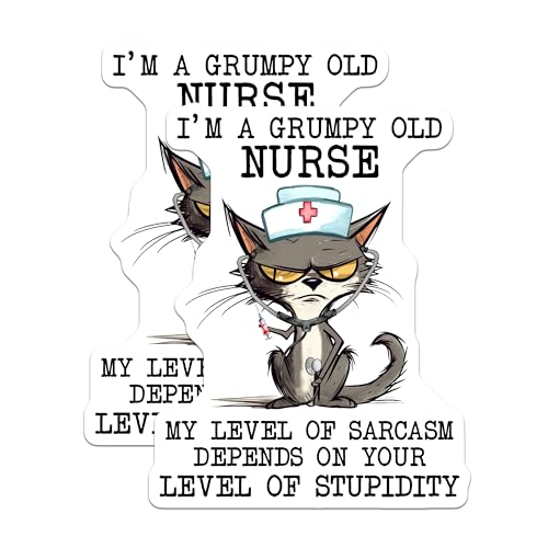 (2 Pack) Grumpy Nurse Stickers - Funny Cat Nurse - Sarcastic Nurse Humor Decal - 5" On Longest Side - Sticks to Smooth Flat Surfaces - Made in USA - BMCS7725