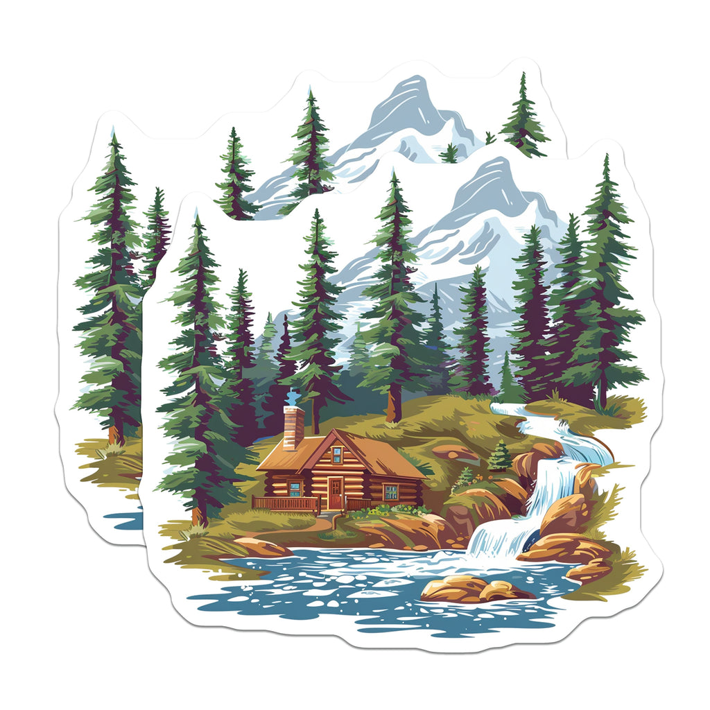 (2 Pack) Mountain Cabin Magnets - Rustic Forest Waterfall Magnets - Nature Lover Fridge Decor - 5 Inches On Longest Side - Thick Durable Magnet - Made in USA - MAG37797