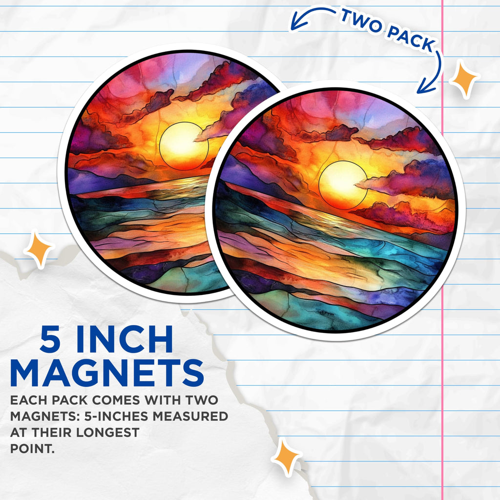(2 Pack) Watercolor Ocean Sunset Magnets - Stained Glass Seascape Art - Vibrant Coastal Fridge Decor - 5 Inches On Longest Side - Thick Durable Magnet - Made in USA - MAG26821