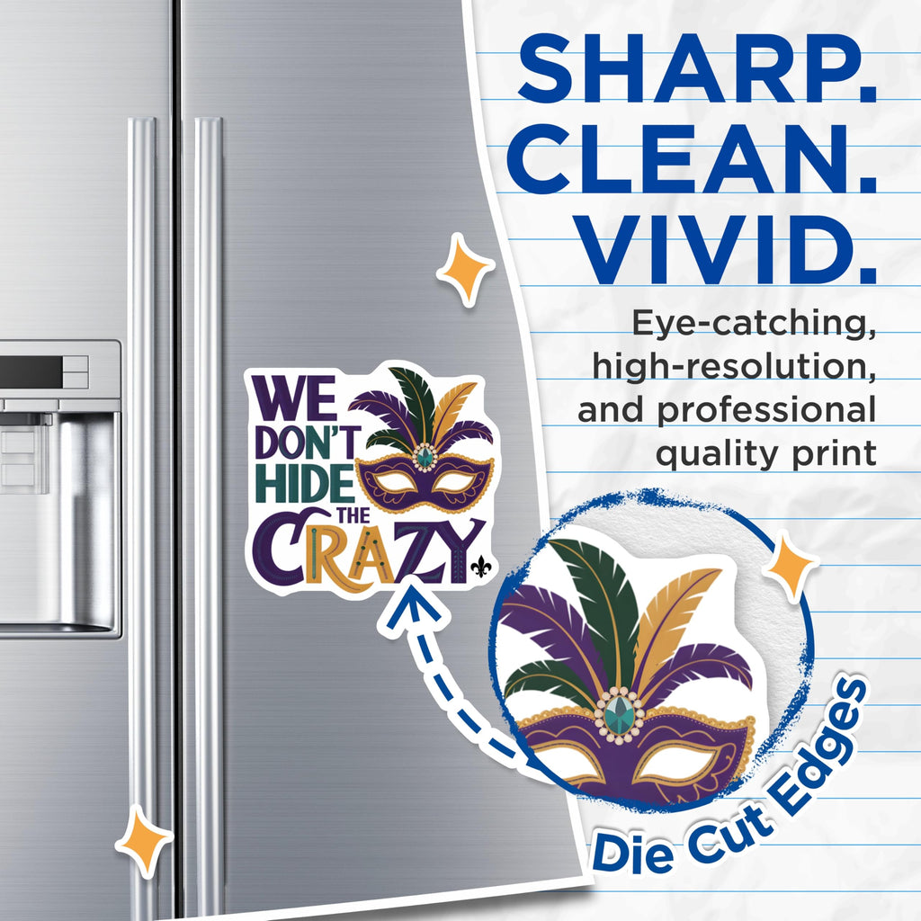 (2 Pack) Mardi Gras Magnets - We Dont Hide The Crazy - Mask and Feathers - 5" On Longest Side - Premium Magnet - for Cars, Refrigerators, Toolboxes, Lockers - Made in USA - MAG14646
