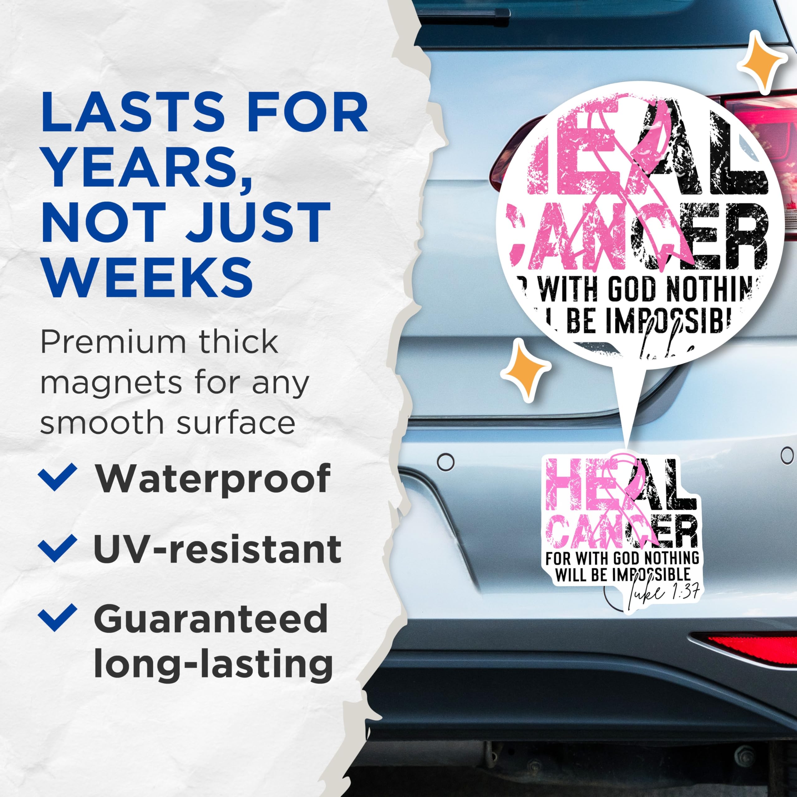 (2 Pack) Cancer Awareness Magnets - Religious Faith Support - Christian Scripture Quote - Hope Inspirational Decor - 5 Inches On Longest Side - Thick Durable Magnet - Made in USA - MAG28483