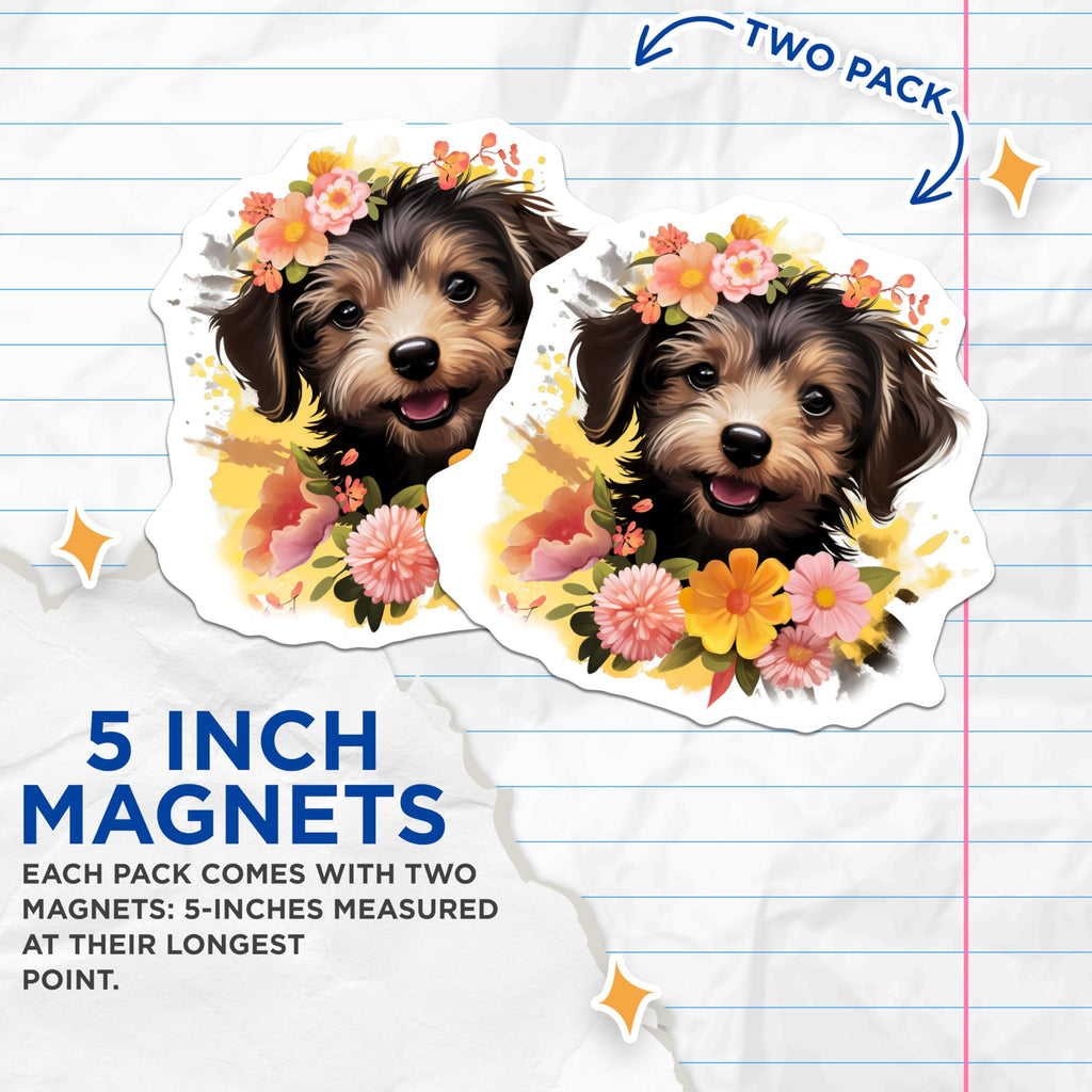 (2 Pack) Whimsical Puppy Magnets - Floral Dog Art Decor - Pet Lover Kitchen Refrigerator Magnets - 5 Inches On Longest Side - Thick Durable Magnet - Made in USA - MAG28181