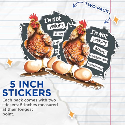 (2 Pack) Funky Chicken Stickers - Farm Animal Humour Stickers - Funny Egg Jokes Stickers - 5" On Longest Side - Sticks to Any Smooth Flat Surface - Made in USA - BMCS2601