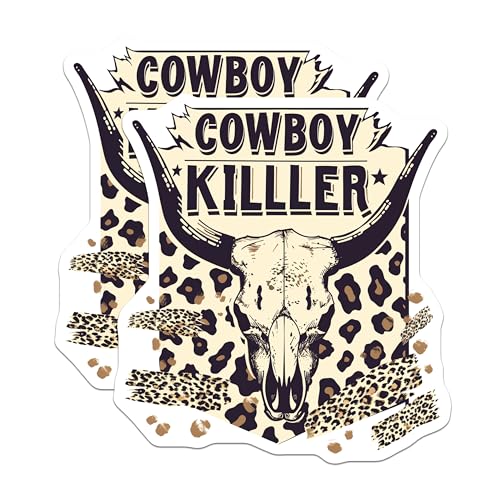 (2 Pack) Cowboy Killer Stickers - Skull Western Stickers - Retro Leopard Stickers - Wild West Cowprint Stickers Decor - 5" On Longest Side - Sticks to Any Smooth Flat Surface - Made in USA - BMCS3506