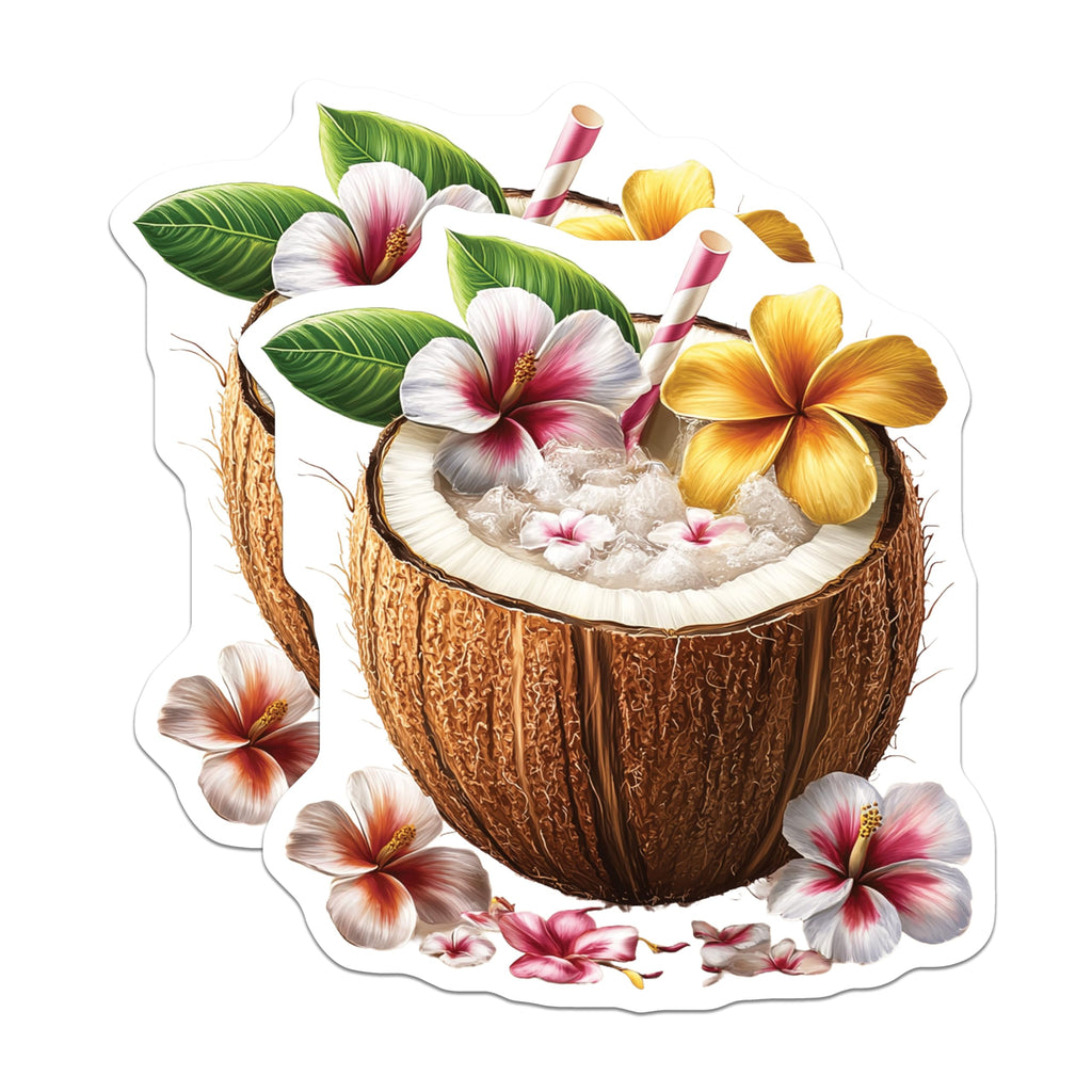 (2 Pack) Tropical Drink Magnets - Coconut Cocktail Art - Hawaiian Hibiscus Decor - Summer Kitchen Fridge Accessory - 5 Inches On Longest Side - Thick Durable Magnet - Made in USA - MAG19503