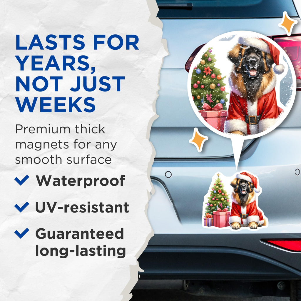 (2 Pack) Santa Dog Magnets - Christmas Leonberger Decor - Holiday Pet Lover Art - 5 Inches On Longest Side - Thick Durable Magnet - Made in USA - MAG30370