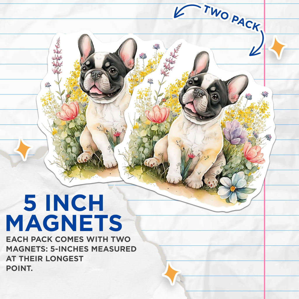 (2 Pack) French Bulldog Magnets - Cute Puppy Decor - Floral Dog Lover Gifts - 5" On Longest Side - Premium Magnet - for Cars, Refrigerators, Toolboxes, Lockers - Made in USA - MAG16170