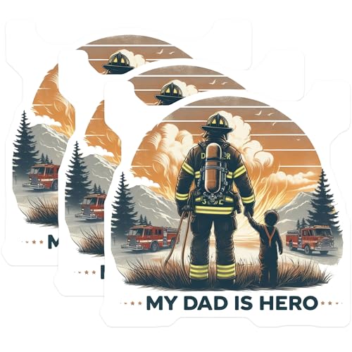 (3 Pack) Firefighter Dad Decals - Hero Dad and Son - Firetruck Decal- 3 Inches On Longest Side - Easy Peel & Apply - Made in USA - 3MCS5262