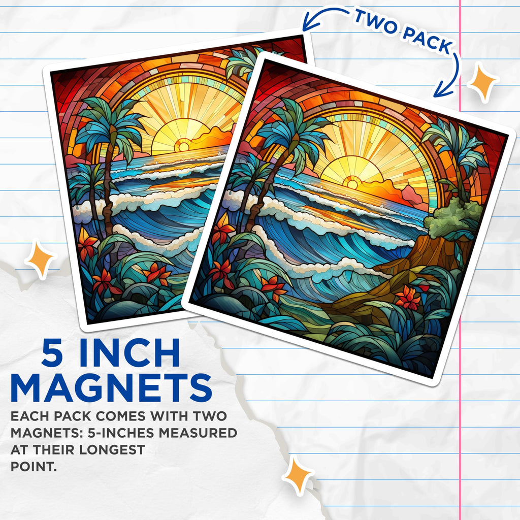 (2 Pack) Stained Glass Ocean Magnets - Tropical Beach Scene Art - Vibrant Sunset Palm Trees - Hawaiian Coastal Decor - 5 Inches On Longest Side - Thick Durable Magnet - Made in USA - MAG23382
