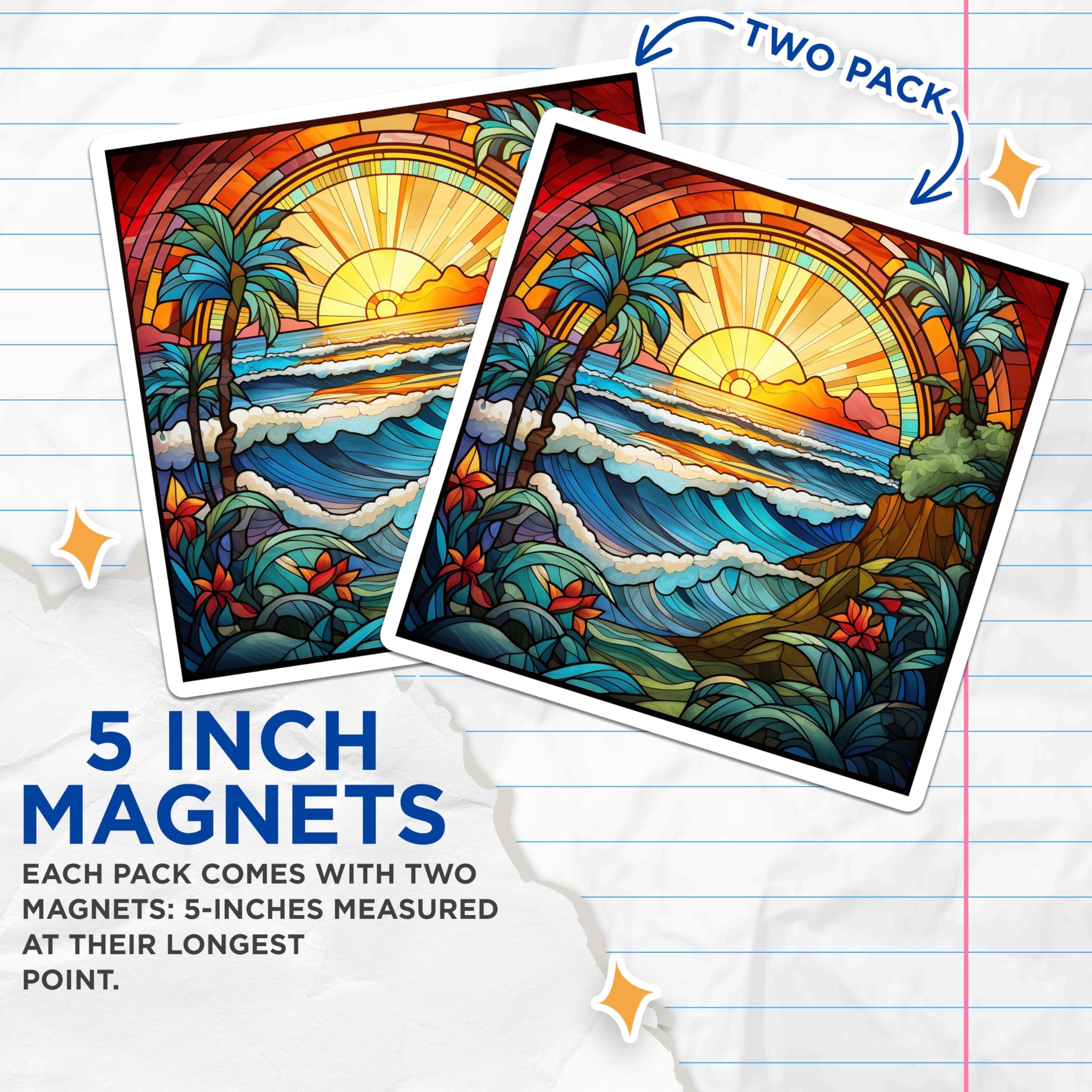 (2 Pack) Stained Glass Ocean Magnets - Tropical Beach Scene Art - Vibrant Sunset Palm Trees - Hawaiian Coastal Decor - 5 Inches On Longest Side - Thick Durable Magnet - Made in USA - MAG23382