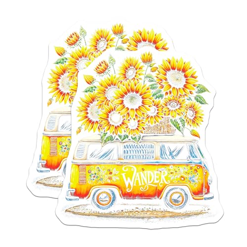 (2 Pack) Wander Sunflower Van Stickers - Retro Flower Power Stickers - Adventure Van Life Decals - 5" On Longest Side - Sticks to Smooth Flat Surfaces - Made in USA - BMCS5550