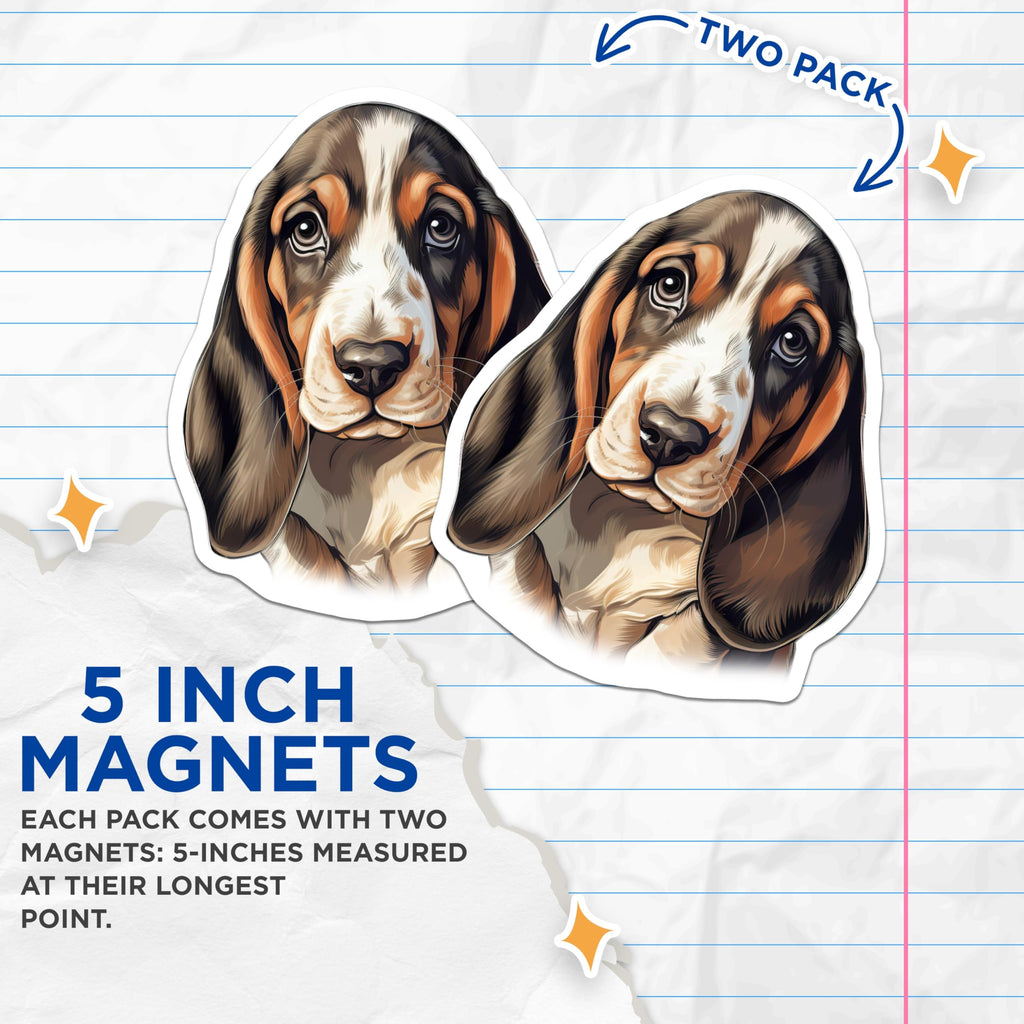 (2 Pack) Basset Hound Magnets - Dog Lover Decor - Floppy Ear Hound Dog Magnets - Pet Owner Refrigerator Art - 5 Inches On Longest Side - Thick Durable Magnet - Made in USA - MAG25483