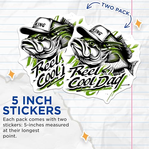 (2 Pack) Reel Cool Dad Stickers - Funny Fishing Dad Stickers - Dad Lover Gifts from Kids - 5" On Longest Side - Sticks to Any Smooth Flat Surface - Made in USA - BMCS3553