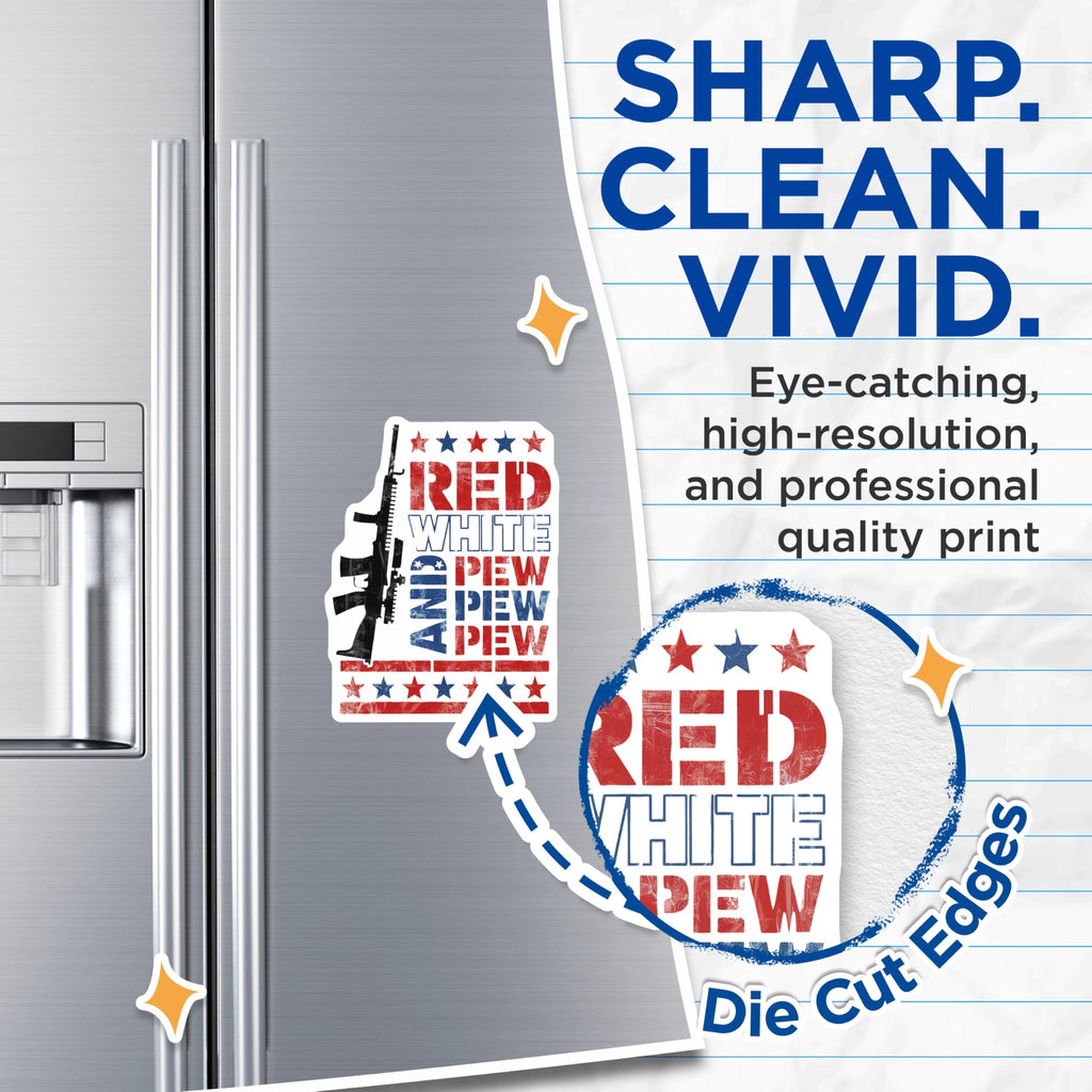 (2 Pack) Red White and Pew Pew Pew Magnets Magnets - 5" On Longest Side - Made in USA - Sticks to Refrigerators & Metal Surfaces - MAG9168