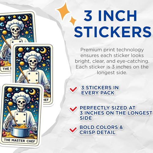 (3 Pack) Master Chef Decals - Skeleton Chef - Funny Chef Decals - 3 Inches On Longest Side - Easy Peel & Apply - Made in USA - 3MCS4219