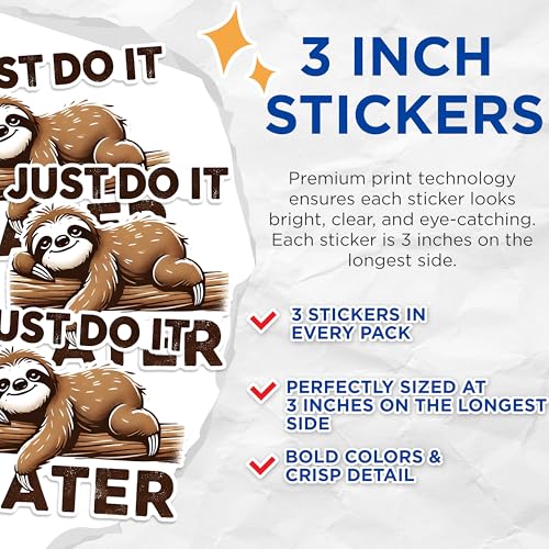 (3 Pack) Sloth Decals - Funny Laptop Decals - Procrastination Sticker - 3 Inches On Longest Side - Easy Peel & Apply - Made in USA - 3MCS1557