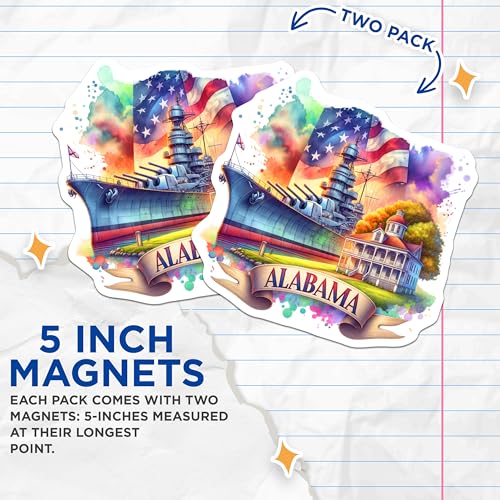 (2 Pack) Alabama State Magnets - Navy Ship Memorial - US Flag Art - Alabama Travel Souvenir - 5" On Longest Side - for Cars, Fridges, Toolboxes - Made in USA - MAG7115