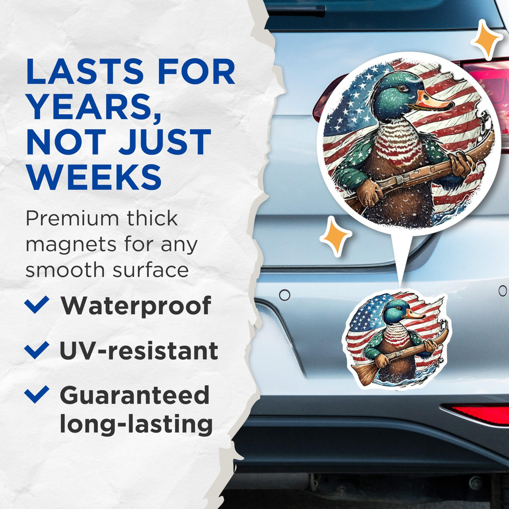 (2 Pack) American Flag Duck Magnets - Patriotic Hunting Mallard - Rifle Outdoorsman Decor - Wildlife Art for Hunter - 5 Inches On Longest Side - Thick Durable Magnet - Made in USA - MAG21939