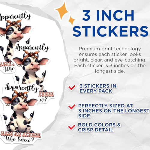 (3 Pack) Attitude Cow Decals - Funny Animal - Sassy Farm - Laptop Decal - 3 Inches On Longest Side - Easy Peel & Apply - Made in USA - 3MCS2565