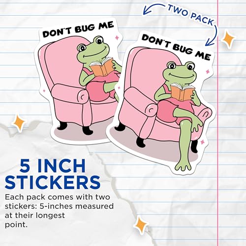 (2 Pack) Chill Frog Reading Stickers - Don't Bug Me - Relaxing Frog Sticker - 5" On Longest Side - Sticks to Smooth Flat Surfaces - Made in USA - BMCS7050