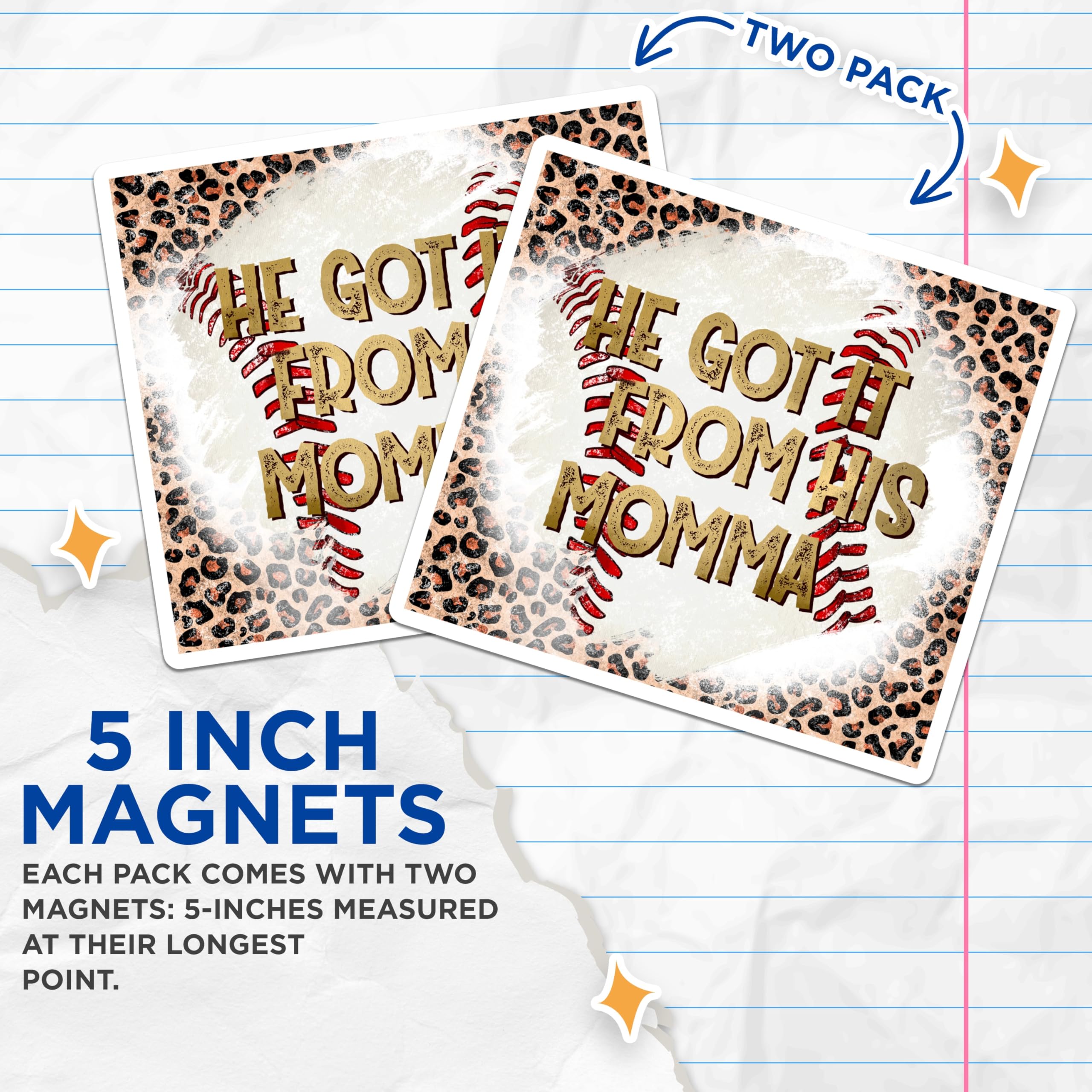 (2 Pack) He Got It from His Momma Magnets - Baseball Momma Leopard Print Decor - Game Day Sports Fan Accent - 5 Inches On Longest Side - Thick Durable Magnet - Made in USA - MAG29546