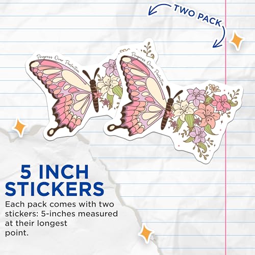 (2 Pack) Butterfly Stickers - Motivational Quote - Flower Design - Cute Aesthetic - Pink and Purple Stickers - 5" On Longest Side - Sticks to Smooth Flat Surfaces - Made in USA - BMCS7150