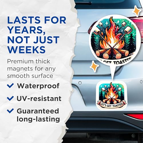 (2 Pack) Let's Get Toasted Magnets - Campfire Magnets - Marshmallow Magnets - Campout Decor - 5" On Longest Side - for Cars, Fridges, Toolboxes - Made in USA - MAG7011
