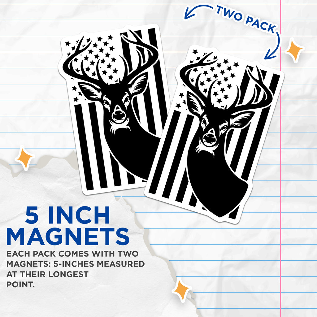 (2 Pack) Patriotic Deer Magnets - American Flag Buck Decor - Hunter Outdoorsman Fridge Accent - 5 Inches On Longest Side - Thick Durable Magnet - Made in USA - MAG39101