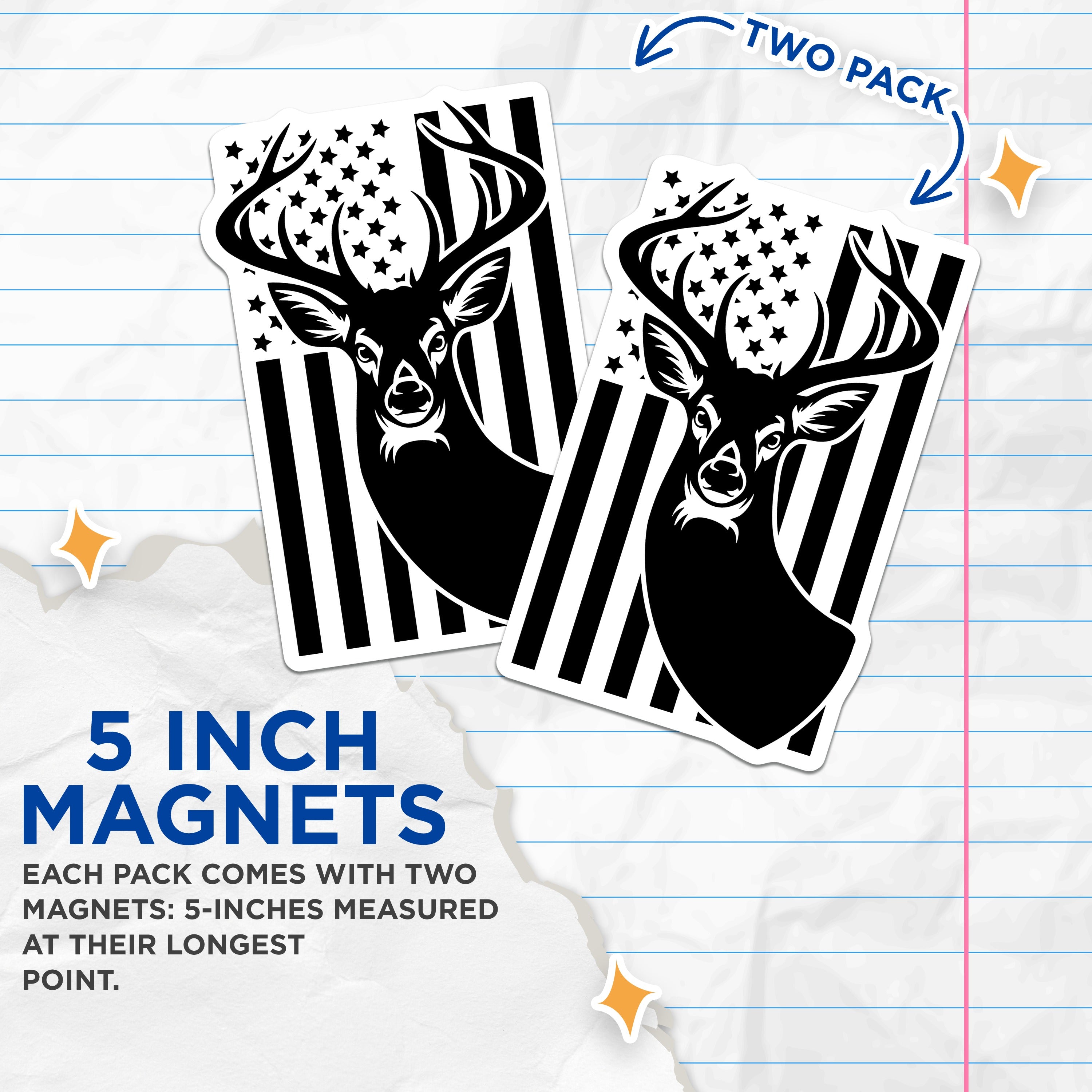 (2 Pack) Patriotic Deer Magnets - American Flag Buck Decor - Hunter Outdoorsman Fridge Accent - 5 Inches On Longest Side - Thick Durable Magnet - Made in USA - MAG39101