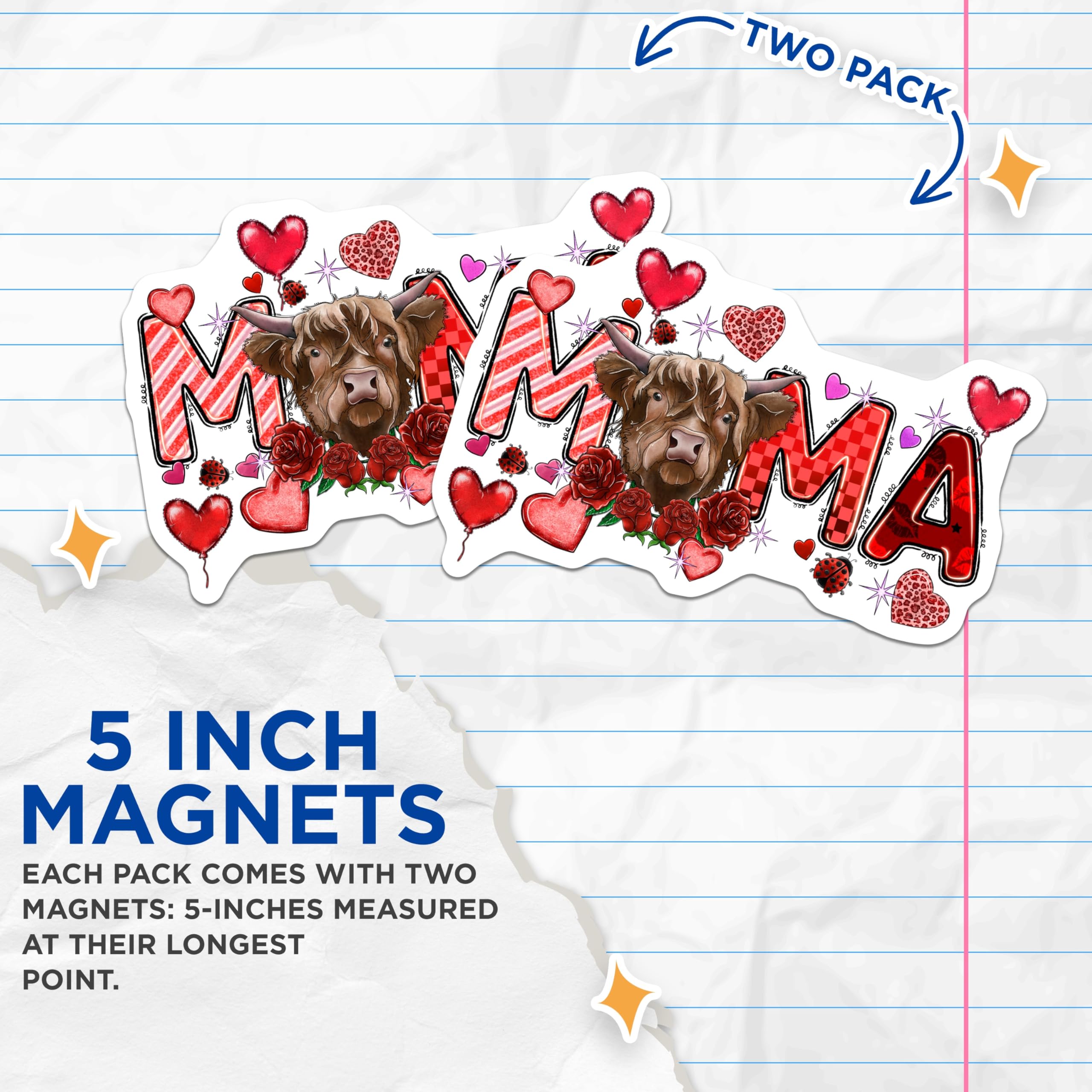 (2 Pack) Highland Cow Mama Magnets - Rustic Farmhouse Mom Decor - Valentines Day Refrigerator Accent - 5 Inches On Longest Side - Thick Durable Magnet - Made in USA - MAG29681