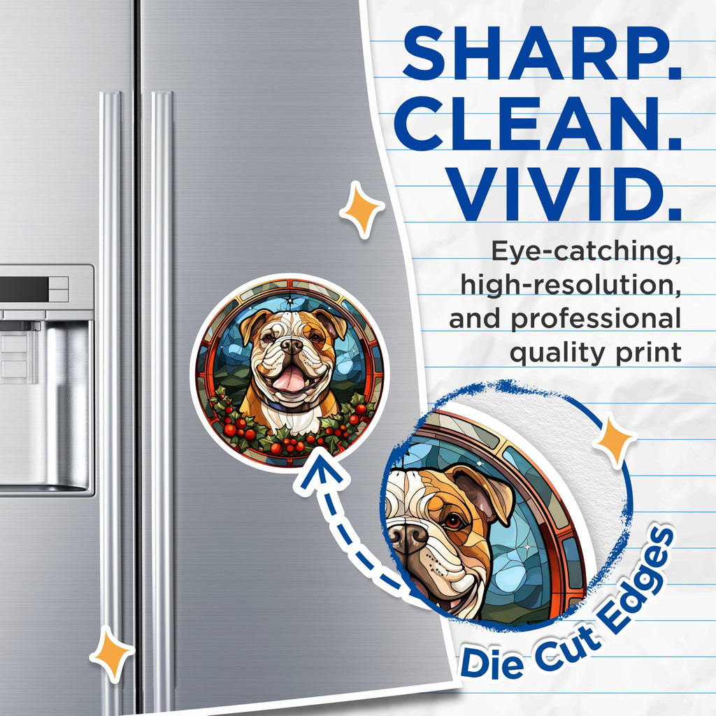 (2 Pack) Bulldog Stained Glass Magnets - Christmas Dog Lover Refrigerator Decor - Winter Holiday Pet Art - 5 Inches On Longest Side - Thick Durable Magnet - Made in USA - MAG30771