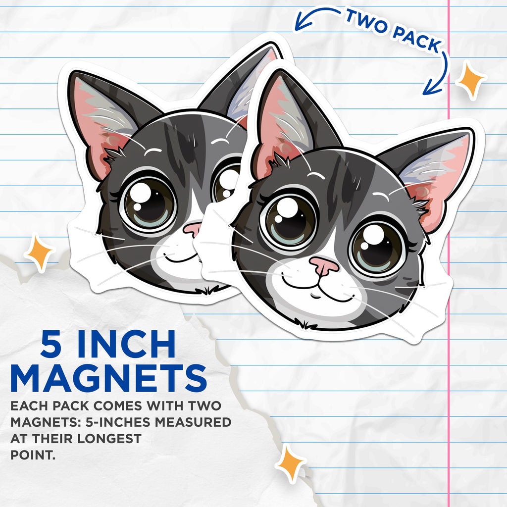 (2 Pack) Cute Cat Magnets - Kawaii Gray Kitty Refrigerator Decor - Pet Owner Stocking Stuffer - 5 Inches On Longest Side - Thick Durable Magnet - Made in USA - MAG36397