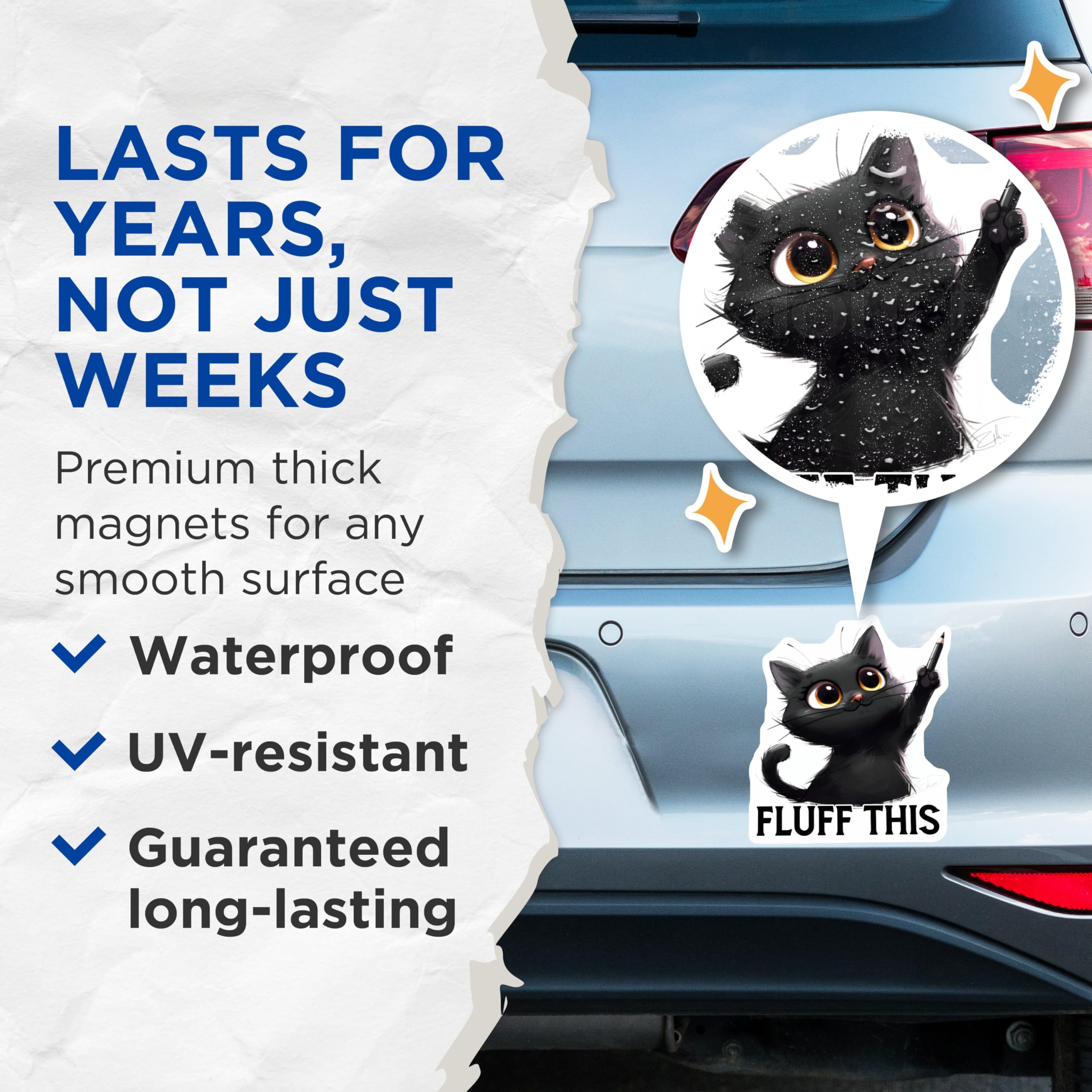 (2 Pack) Funny Cat Magnets - Black Cat Art - Cute Cat Quote Magnets - Fluff This Magnet - 5" On Longest Side - for Cars, Fridges, Toolboxes - Made in USA - MAG3998